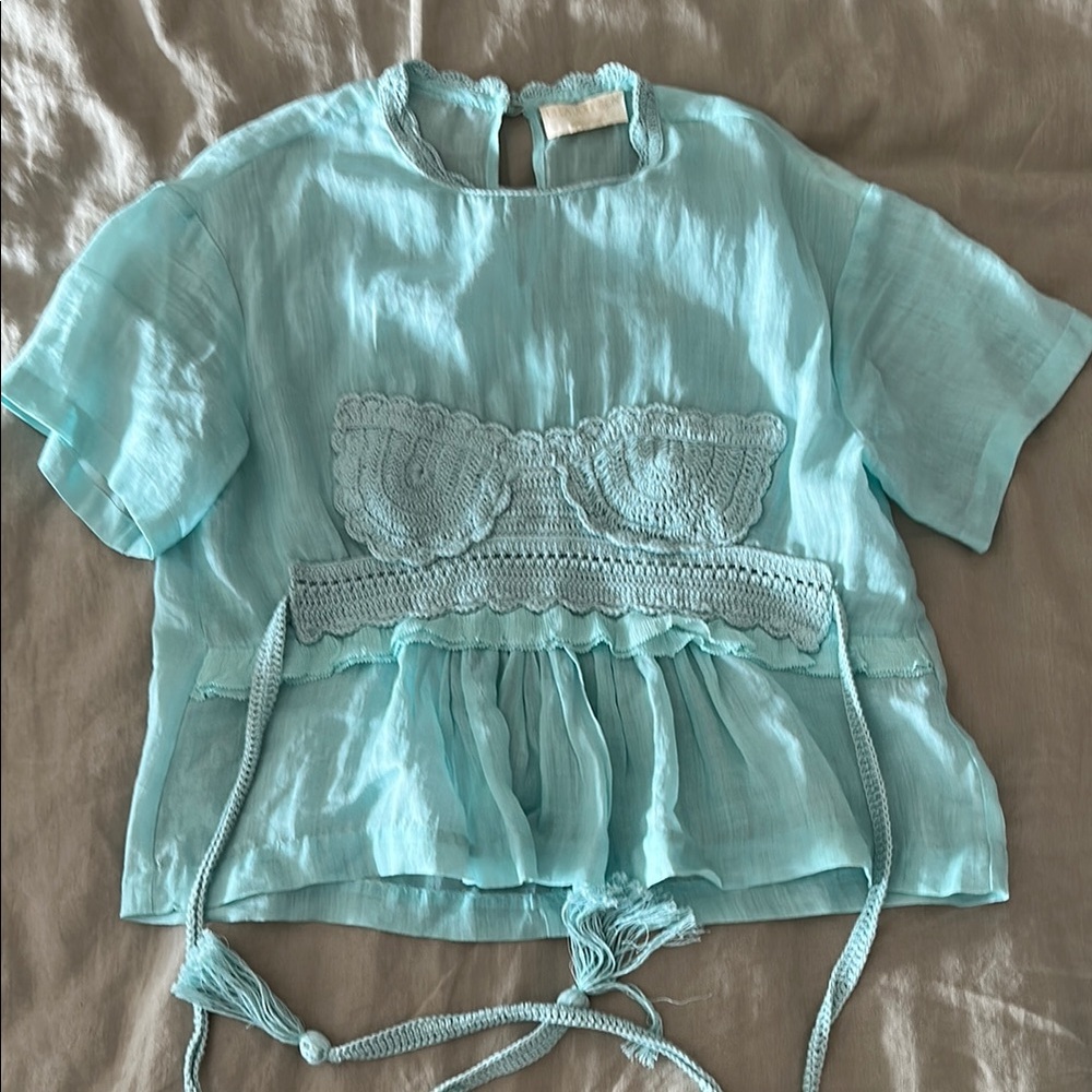 Ulla Johnson Aqua Blue Crochet-Trim Peplum Blouse